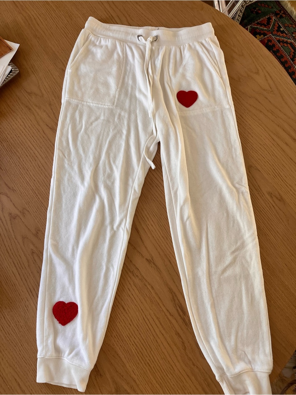 Jane and Delancey White Joggers with Red Heart Appliqués Loungewear